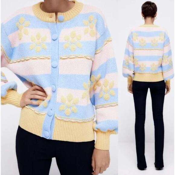 (S) Zara Pastel Colors Floral Jacquard Cozy Knit Button Front Cardigan Sweater - Picture 6 of 15